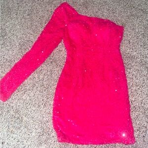 Pink sequin homecoming dress, one sleeve.